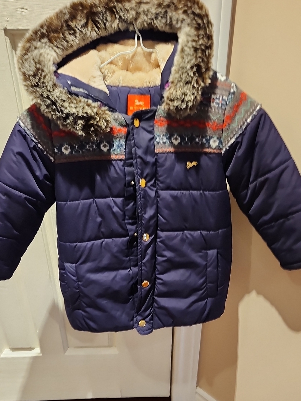 Ettoi  Navy Kids  Blue Quilted Hooded Winter Coat with Faux Fur Trim 5years